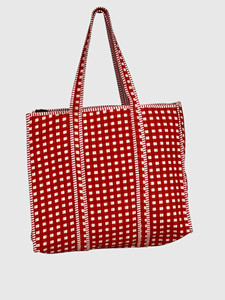 Bolsa de Mano de Lona a Cuadros Rojos con Asas a Rayas, Cierre Abierto, Diseño Moderno, Bolsa de Compras para Mujer, Todas las Temporadas - Product Image 1