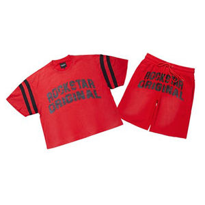 Ensemble chemise et short en coton d'été avec logo imprimé personnalisé, t-shirt délavé à l'acide, ensemble deux pièces avec t-shirts graphiques et short pour hommes - Product Image 1