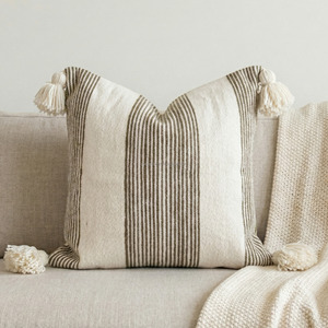 Decorative Tassels Woven Pillow Shams Hotel Grade Handloom 20x20 Durable Striped <b>Sofa</b> Pillow <b>Covers</b> Made in India - Product Image 3