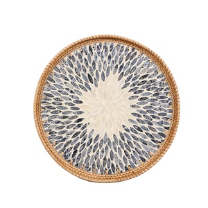 Eco Friendly Handmade Mother Of Pearl With Rattan Serving <b>Tray</b> Round Blue White Radial Pattern Bulk For <b>Kitchen</b> Dining Tabletop - Product Image 1