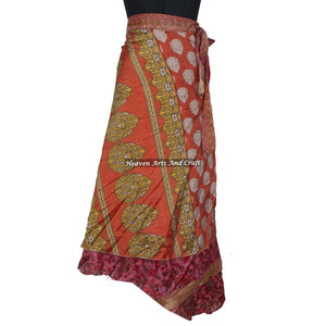 Reversible Two Layer Indian Vintage Silk Magic <b>Wrap</b> <b>Skirt</b> Women Wear Vintage Silk Sari Long Length <b>Wrap</b> <b>Around</b> <b>Skirt</b> 2 Layer - Product Image 4