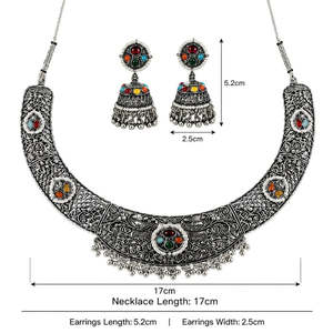 Conjunto de Joyería Tradicional Navratri con Collar Choker Multicolor Plateado Oxidado y Pendientes Jhumka para Mujer (OXJ007) - Product Image 3