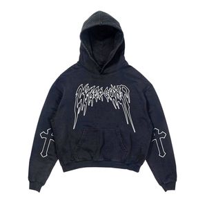 Sweat à capuche oversize en coton épais pour homme, style streetwear américain, effet délavé vintage, imprimé étoilé vieilli, pull-over - Product Image 1