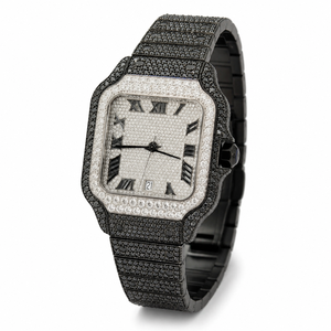 Reloj de Lujo de Dos Tonos con Incrustaciones de Moissanita, Correa de Acero Inoxidable Negra, Esfera Romana, Reloj de Cuarzo para Hombre - Product Image 3