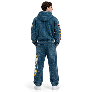 Ensemble sweat à capuche et pantalon de survêtement pour homme, délavé à l'acide, 100 % coton, coupe oversize, épais, tenue décontractée streetwear tendance - Product Image 3