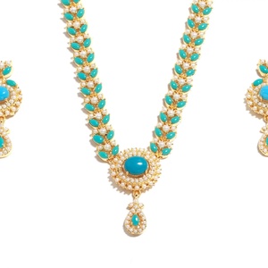 Wholesale Price 22K Gold Plated Long Turquoise <b>Necklace</b> Set Teal Stone South Indian Wedding Jewelry with Earrings - Product Image 2