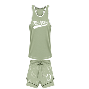 Light Sage Green White <b>Swim</b> Set Sleeveless Racerback Tank <b>Top</b> with Matching Shorts Lightweight Quick Dry Training Performance - Product Image 1