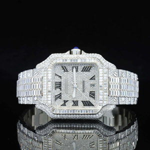 Reloj de pulsera para hombre con esfera romana, estilo hip hop, de acero inoxidable, con diamantes baguette, movimiento mecánico ETA de 41 mm, moissanita plateada - Product Image 1