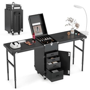 Portable Foldable Rolling Nail <b>Table</b> Desk 2 Desktop Cosmetic Trol <b>Makeup</b> Train Case Manicure <b>Table</b> with Wheels for Nail Teaching - Product Image 1