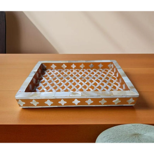 Plateau rectangulaire en incrustation de nacre avec motif en grille Plateau de service en bois fait à la main pour bureau Table Bar Comptoir Décor Cadeau - Product Image 3
