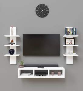 Meuble TV mural en bois pour décodeur et étagères à livres, couleur blanc - Product Image 1