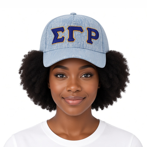 Gorra de Béisbol Azul Claro de Mezclilla Bordada con Diseño de Letras Griegas, Visera Curva, Hebilla Ajustable, Estilo Casual Lavado, Gorra Deportiva para Mujer - Product Image 1