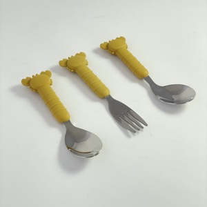 ชุดช้อนส้อมสแตนเลสสำหรับเด็กพร้อมด้ามจับซิลิโคน อุปกรณ์ให้อาหารสำหรับเด็กวัยหัดเดิน ใช้กับเครื่องล้างจานได้ ทำความสะอาดง่าย - Product Image 1