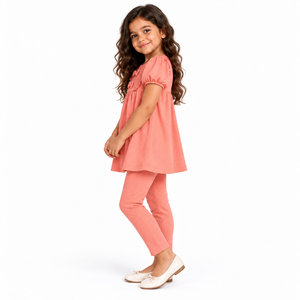 Conjunto de Túnica con Volantes y Lazo Rosa Coral para Niñas, Conjunto Casual de Dos Piezas para Niños, Tela Acanalada Suave, Ropa de Verano al por Mayor - Product Image 6