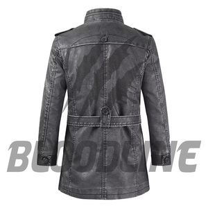 BLOODLINE Men's PU Leather <b>Jacket</b> Stand Collar Zipper Closure <b>Slim</b> <b>Fit</b> Long Length Casual Autumn Wear - Product Image 6
