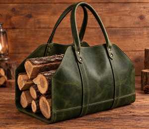 Sac de transport pour bois de chauffage en cuir véritable et bois, robuste, vintage, rustique, porte-bûches pour cheminée LWC-0010 - Product Image 1
