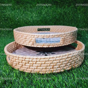 Juego de Bandejas Redondas de Ratán con Incrustaciones de Nácar, Estilo Mehfil Noor, Artesanía India, Aspecto Premium, Precio Accesible para Uso Festivo - Product Image 3