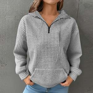 OEM 3/4 Zip Mock Neck Women Long Sleeve Drop Shoulder Waffle Knitted Pullover Solid Warm Fall Winter Sweatshirts with Pockets - Product Image 3