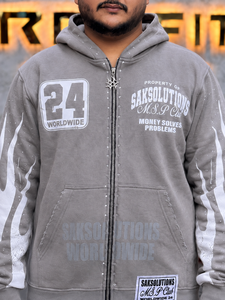 Wholesale Custom Gray Washed <b>Full</b> <b>Zip</b> Hoodie Crystal Studded Flame Print Distressed Oversized Hip Hop <b>Sweatshirt</b> for Unisex Wear - Product Image 3