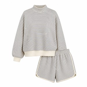 Ensemble décontracté deux pièces pour femme : sweat-shirt rayé à col montant et short - Modèle TS-STR-018 - Product Image 1