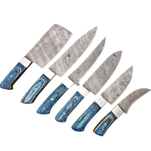 Juego de 6 Cuchillos de Chef de Acero de Damasco Hechos a Mano con Mangos de Madera Azul, Profesionales para Cocina, Cortar y Picar - Product Image 1