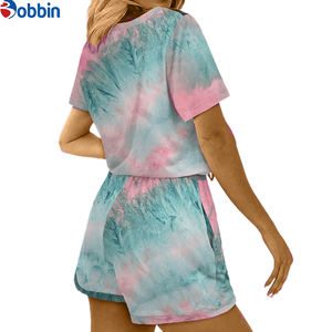 Conjunto de Verano para Mujer de Última Moda, Camiseta y Pantalones Cortos con Hombros Caídos, Estampado Tie Dye, Decoración de Encaje y Logotipo Personalizado - Product Image 6