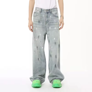 Men's Wide Leg Denim Jeans High Waist Loose Fit Sand Washed Tie Dye Dot Pattern Streetwear Style Summer Cotton Fabric - Product Image 1