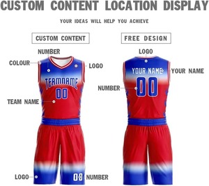 Ensemble d'uniformes de basketball personnalisés par sublimation, maillot d'équipe sans manches, dégradé rouge et bleu, 100 % polyester, unisexe adulte, anti-humidité - Product Image 4
