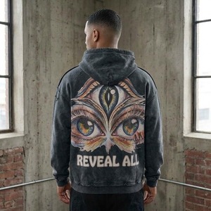 Sweat à capuche zippé pour homme avec imprimé œil personnalisé, coupe oversize, style streetwear, en coton écologique imperméable French Terry, collection automne - Product Image 5