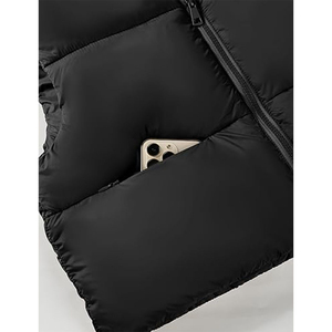 Chaleco Acolchado Negro para Mujer con Cuello Alto y Cierre de Cremallera, Prenda Exterior Informal sin Mangas, Color Sólido, Resistente al Viento, Cálido para Invierno - Product Image 3