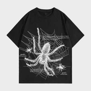 T-shirt noir pour homme grande taille avec imprimé toile d'araignée, col rond, manches courtes, jersey décontracté en coton, tissu respirant et extensible - Product Image 1