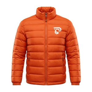 Chaqueta Acolchada Naranja para Hombre, Cuello Alto, Cierre de Cremallera, Resistente al Viento, Ropa Casual de Invierno, Color Sólido, Relleno de Poliéster - Product Image 1