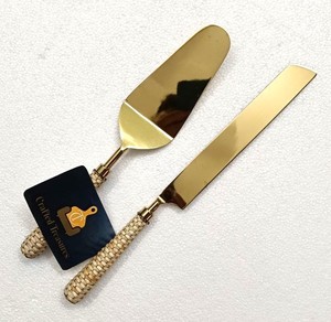 <b>Crafted</b> Treasures Cake Server Set Gold Plated Metal With Rattan Woven Handle 2 Pieces Handmade Cake Knife And Spatula Best Price - Product Image 5