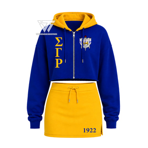 Vêtements de sororité grecque Sigma Gamma Rho en gros pour femmes, ensemble 2 pièces brodé bicolore, sweat à capuche court zippé et mini-jupe - Product Image 1