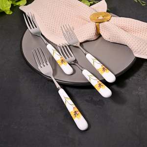 Ceramic & Steel Sunray Floral <b>Forks</b> (Set of 4) for Fruit Dessert Restaurant Use Kids Friendly Stainless Steel Handle for Camping - Product Image 6