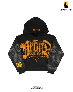 Sudadera con Capucha Personalizada Negra y Naranja Estilo Urbano |   Sudadera con Capucha Corta y Holgada |   Fabricante de Sudaderas con Diseño Gráfico Estilo OEM - Product Image 2