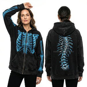 Sudadera con capucha y cremallera azul medianoche personalizada con lavado ácido para mujer, estampado gráfico de cronómetro, estilo urbano desgastado, fabricante de sudaderas de forro polar - Product Image 6