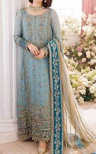 Robe Anarkali bleue avec broderie dorée, tenue traditionnelle pour fêtes/mariages, style Inde/Pakistan, pour femmes, printemps/été. - Product Image 2
