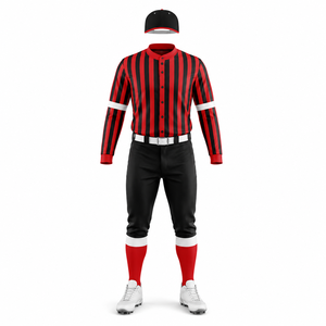 Maillot de baseball rayé rouge et noir à manches longues, uniforme respirant avec col boutonné et pantalon assorti - Product Image 2
