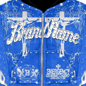 Customize Rhinestone Zip-Up Hoodie <b>Blue</b> <b>Glitter</b> Print Regular Fit Winter Hooded Sweatshirt - Product Image 5