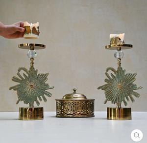 Brass <b>Candle</b> <b>Stick</b> Holder with Crystal Accent and Palm Leaf Design for Home Decoration - Product Image 2