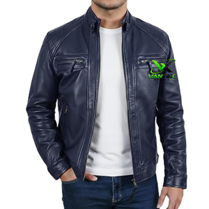 VANTEX Veste en cuir véritable vert olive pour homme, écologique, vintage, col montant, fermeture éclair, style motard, coupe ajustée, coupe-vent, doublure en coton - Product Image 1