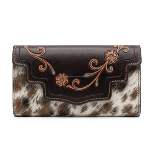 Cowgirl <b>Hair</b> On Hide Western Cowhide Leather Clutch Floral Hand Tooled Wallet Vintage Rustic <b>Bohemian</b> Turquoise Accents Purse - Product Image 1