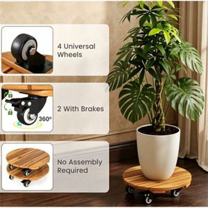 Ensemble moderne de 2 supports de plantes en bois finition naturelle, supports de plantes ronds portables à 4 roues, chariot robuste pour plantes pour patio et jardin - Product Image 5