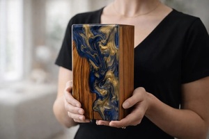 Blue Gold Resin Wood Urn – Handmade <b>Memorial</b> Cremation <b>Box</b> Luxury Blue & Gold Resin Cremation Urn Premium Blue & Gold Wooden Urn - Product Image 2