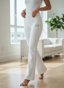 Pantalon évasé long en molleton à taille basse élastique personnalisé pour femme, coupe ample, en tricot côtelé, style bootcut, pour yoga et danse, couleur unie - Product Image 5