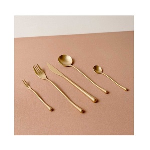 Luxury Gold Silverware Set - 5-Piece Nordic Cutlery Including Knife, <b>Forks</b> & Circular Spoons, Brushed Satin Gold Finish - Product Image 2