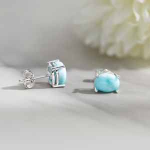 Natural Larimar Oval <b>Stud</b> Earrings 925 Sterling <b>Silver</b> Gemstone Prong Jewelry For Women Gift Wholesale - Product Image 2