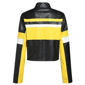 2026 Women's PU Leather Color Block Moto <b>Jacket</b> Stand Collar Full <b>Sleeve</b> Zipper Closure <b>Short</b> Length Autumn Style - Product Image 2