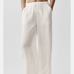 Women's White Linen Wide Leg Pants Mid Waist Drawstring Loose Fit Full Length Casual <b>Summer</b> <b>Trousers</b> With Pockets - Product Image 1